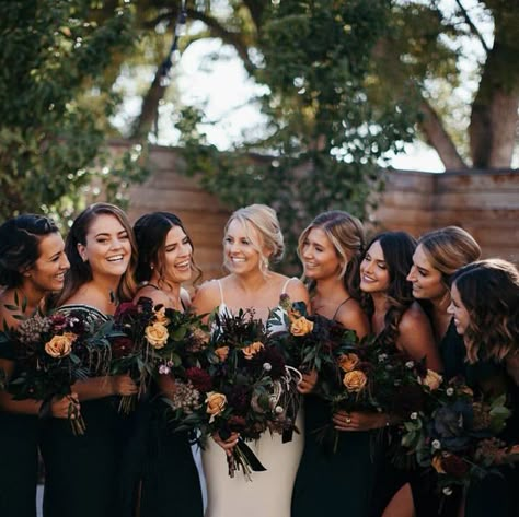 Black Bridesmaid Dresses With Burgundy Flowers, Dark Bridesmaid Bouquet, Dark Wedding Party Attire, Black Bridesmaid Dresses Fall Flowers, Dark Academia Wedding Bridesmaids, Dark Red Bridal Party, Dark Bridal Party, Moody Fall Bridesmaid Dresses, Moody Bridesmaid Dresses