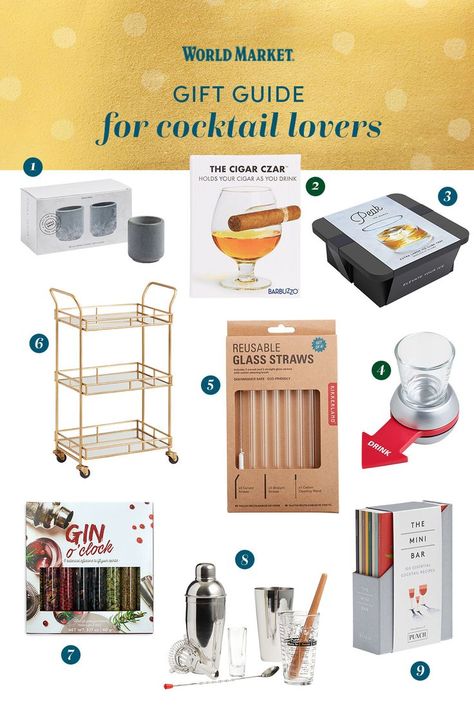 This gift guide features all of the perfect gifts for someone who is a cocktail enthusiast. This includes items such as mixers, reusable straws, drinking games, whiskey glass & cigar holder, mixer set, cocktail ideas, bar carts, shot glasses and more!😁 Mixology Gifts, Santa Ideas, Cocktail Theme, Cocktail Ideas, Reusable Straws, Cocktail Gifts, Christmas Entertaining, Cocktail Kits, Whiskey Glass