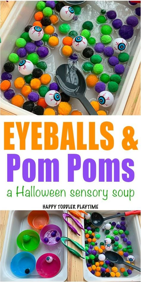 Eyeball and Pom Pom Halloween Sensory soup for toddlers and preschoolers Jack O Lantern Sensory Bin, Halloween Invitation To Play, Halloween Activies Toddlers, Special Ed Halloween Activities, Sensory Table Halloween, Halloween Water Table Ideas, Sensory Friendly Halloween Activities, Baby Halloween Sensory Activities, Early Years Halloween Activities