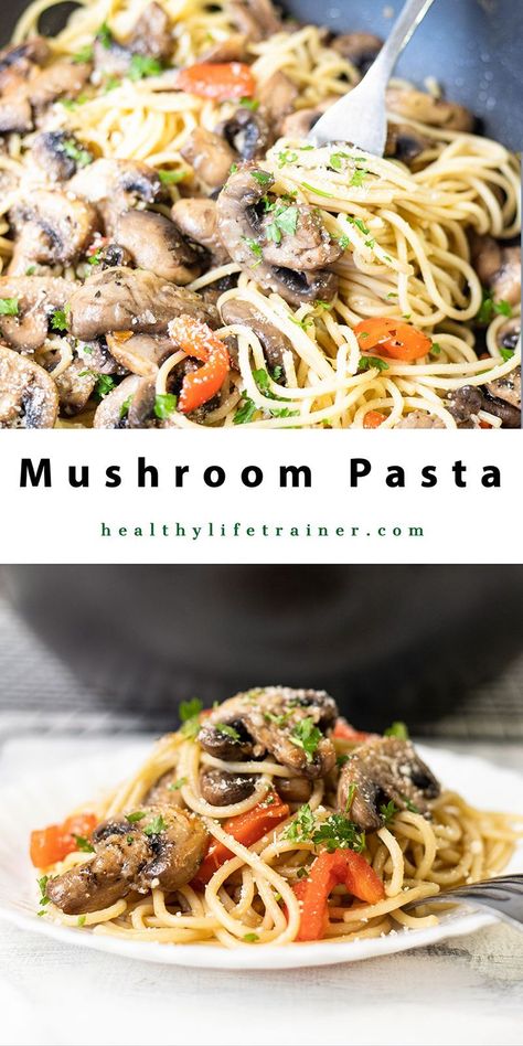 An easy made mushroom pasta recipe that features, mushrooms, spaghetti, garlic, bell pepper and parmesan cheese. #dinnerforchristmas #christmasdinner #mushroompasta #pastarecipes #easydinner