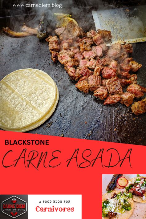 Pinterest pin for carne asada tacos on a Blackstone griddle. Blackstone Carne Asada Tacos, Carne Asada Blackstone, Steak Tacos On Blackstone, Carne Asada On Blackstone, Carne Asada Recipes Blackstone, Black Stone Street Tacos, Blackstone Carne Asada, Street Tacos On The Blackstone, Blackstone Steak Tacos