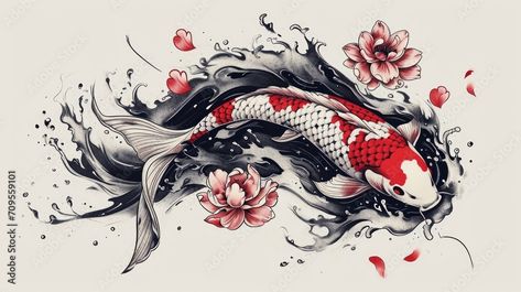 Koi Red Tattoo, Unique Japanese Tattoos, Butterfly Koi Fish Tattoo, Koi And Flower Tattoo, Koi And Lotus Tattoo, Carp Tattoo Design, Japanese Water Dragon, Japanese Koi Fish Tattoo Design, Japanese Koi Tattoo