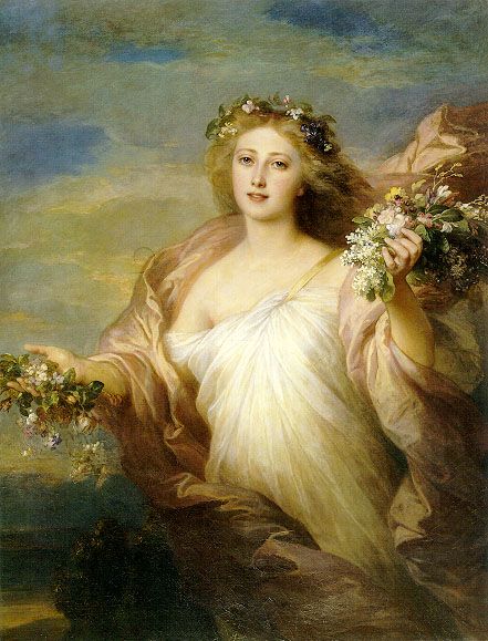 Ostara Goddess of Spring | ostara or eostre or eastre is the germanic goddess of spring and dawn ... Spring Poems For Kids, Kore Goddess, Franz Winterhalter, Franz Xavier Winterhalter, Spring Poem, Franz Xaver Winterhalter, Spring Pictures, Flowers In Her Hair, Marc Chagall