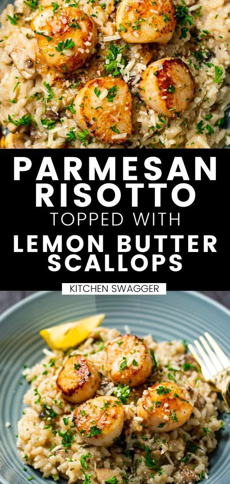 Dinner is served with this amazing combination of scallops and risotto. The lemon butter sauce makes these scallops irresistible! You will love the richness from the Parmesan cheese in this recipe that includes mushrooms, shallots, garlic, and white wine. This dinner is an easy weeknight meal you can whip up any night of the week! Lemon Butter Scallops, Butter Scallops, Parmesan Risotto, Scallop Recipes, Fettuccine Alfredo, Fish Dinner, Risotto Recipes, Lemon Butter, Seafood Dinner