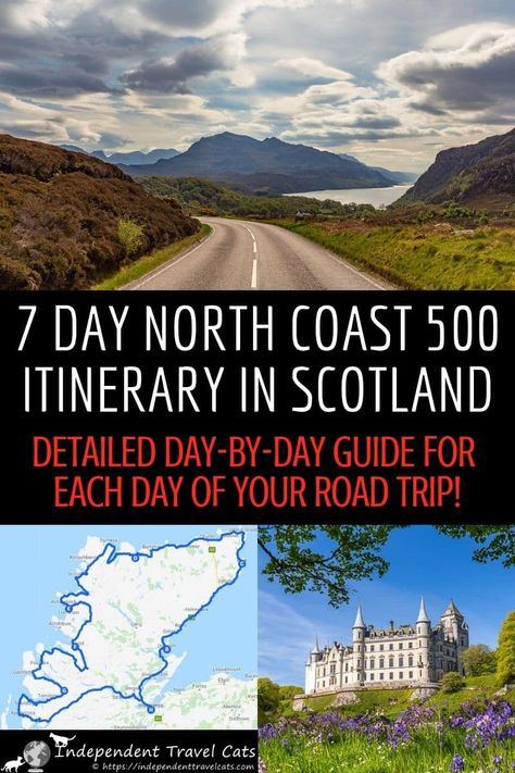 The North Coast 500 is the most popular road trip in Scotland and we’ve put together a comprehensive 7 day North Coast 500 itinerary to help drivers navigate this 500 miles driving route. This detailed day-by-day 1 week North Coast 500 road trip itinerary covers all the basic details (mileage, general route), the sightseeing highlights along the route, and tips for getting the most of your trip. #NorthCoast500 #NC500 #roadtrip #Scotland #ScottishHighlands #NorthCoast500roadtrip #itinerary North Coast 500 Scotland, Bucket List Europe, Scotland Vacation, Scotland Road Trip, North Coast 500, Perfect Road Trip, Voyage Europe, Road Trip Planning, Trip Itinerary