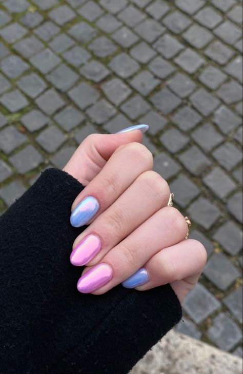 Blue And Pink Chrome Nails, Pink And Blue Spring Nails, Pink And Blue Chrome Nails, Pink And Blue Almond Nails, Blue And Pink Nails Acrylic, Pink Metallic Nail Designs, Baby Pink And Blue Nails, Blue And Pink Nail Designs, Pink And Blue Nails Gender Reveal