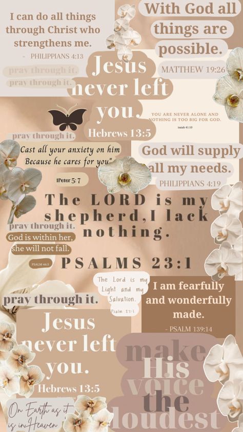 This is a collage in beige, nude, brown colors made with Bible verses and some white and beige Orchid as decoration. Wallpapers For Christians, Jesus Quotes Wallpaper, Brown Orchid, Bible Quotes Background, Christian Iphone Wallpaper, Scripture Wallpaper, Wallpaper Bible, Christian Quotes Wallpaper, Christian Backgrounds