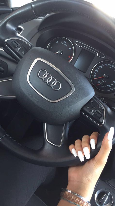 White nails Audi Steering Wheel Aesthetic, Nails On Steering Wheel, Audi Car, Audi Rs3, Car Pics, Audi Rs6, Car Goals, Brown Hair Balayage, Arab Beauty