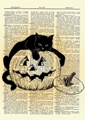 Halloween-Black-Cat-Pumpkin-Dictionary-Art-Print-Jack-O-Latern-Picture-Poster Kindergarten Pumpkin Art, Halloween Cat Drawing, Halloween Watercolor Painting, Halloween Pumpkin Drawing, Cat On A Pumpkin, Black Cat With Pumpkin, Vintage Halloween Posters, Fall Widgets, Cat With Pumpkin