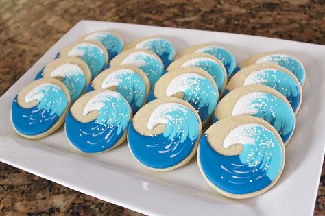 Wave Cookies, Mermaid Treats, Moana Cookies, Summer Sugar Cookies, Surf Birthday Party, Sunshine First Birthday, Surf Birthday, Team Dinner, Birthday 10