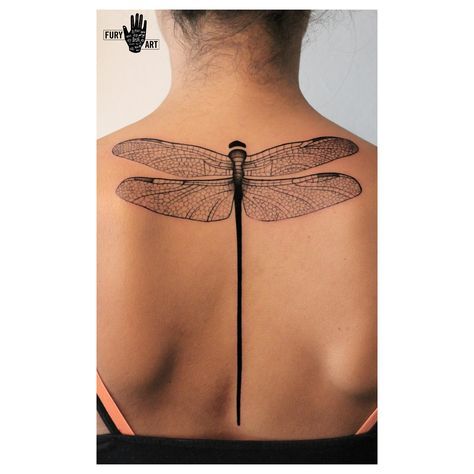 Dragonfly back tattoo Cosmic Tattoos, Hairline Tattoos, 42 Tattoo, Dragonfly Tattoo Design, Insect Tattoo, Sketch Fashion, Spine Tattoos For Women, Cool Small Tattoos, Dragonfly Tattoo