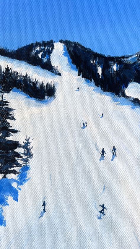 Blue and white painting of small skiers and snowboarders carving their way down the mountain. Inspired by Winter Park, USA Ski Hill Painting, Skiing Canvas Painting, Winter Painting Landscape, Ski Painting Ideas, Winter Painting Aesthetic, Aesthetic Winter Painting, Skiing Painting Easy, Ski Painting Acrylic, Ski Slope Painting