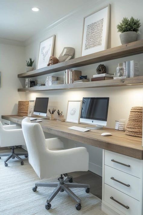 White Office Desks, Upstairs Landing Desk Ideas, Office Ideas Home 2 Desks, Small Home Office 2 Desks Layout, At Home Business Office, Office Ideas With Two Desks, Double Desk Wall Unit, Modern Office Design Home, Small Hallway Office