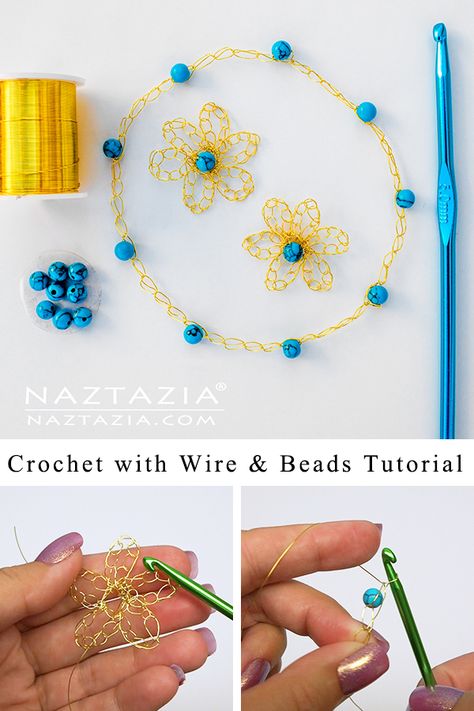 Crochet with Wire and Beads - Naztazia ® Crochet Necklace Diy, Crochet With Wire, Wire Crochet Necklace, Crochet Dress Girl, Beads Tutorial, Wire Crochet Jewelry, Wire Tutorials, Slip Knot, Crochet Jewelry Patterns