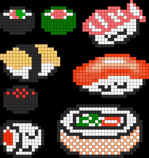 Sushi Set Perler Bead Pattern / Bead Sprite Ramen Pixel Art, Modele Pixel Art, Easy Perler Bead Patterns, Fuse Bead Patterns, Tiny Cross Stitch, Art Perle, Sushi Set, Pony Bead Patterns, Hama Beads Design