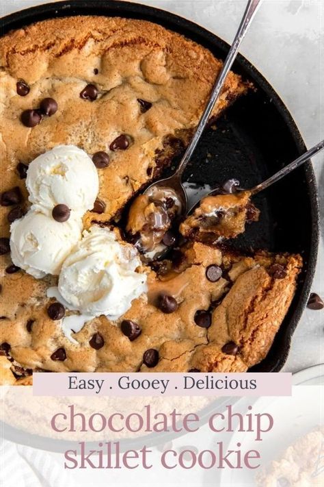 Shareable desserts are the best kind of desserts! This giant chocolate chip skillet cookie is easy to make and ready in 30 minutes. It’s crisp on the edges, gooey in the center and best served warm with vanilla ice cream. Grab some spoons and let’s dig in! Shareable Desserts, Chocolate Chip Skillet Cookie, Cookie Skillet, Desserts With Chocolate Chips, Skillet Chocolate Chip Cookie, The Best Dessert, Giant Chocolate, Skillet Cookie, Roll Cookies