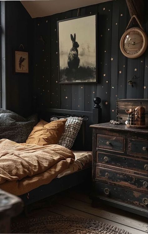 Black Lime Wash Bedroom, Dark Medieval Bedroom, Modern Gothic Bedroom Ideas, Cottage Core Goth Aesthetic, Dark Cottage Interiors, Wizard Bedroom Aesthetic, Moody Celestial Bedroom, Moody Vintage Bedroom Ideas, Dark Celestial Bedroom