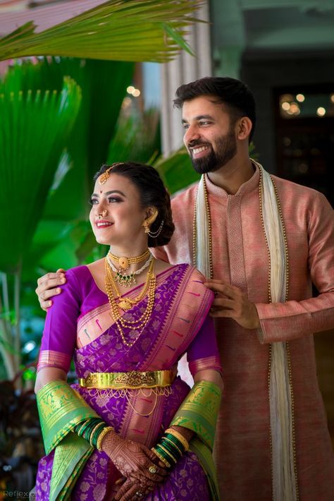 legit Nauvari Saree Couple Photoshoot, Marathi Cupels Photo, Maharashtrian Engagement Couple Dress, Engagement Photos Marathi, Engejment Couple Pic Marathi, Marathi Couple Photo, Marathi Engagement Look Couple, Marathi Wedding Couple Poses Photography, Marathi Engagement Photography