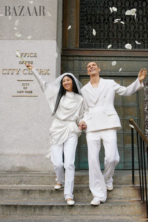 Love and the City Marriage Stills, New York City Hall, Manhattan City, People Getting Married, Dolce Gabbana Jacket, Gucci Jacket, Advice For Bride, Batwing Dress, Multiple Outfits