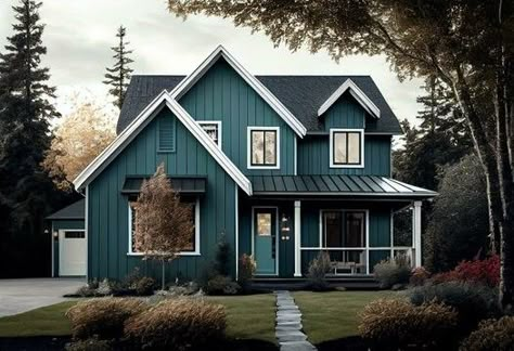 Teal Cottage Exterior, Turquoise Siding Exterior, Blue Green Siding, Dark Teal Exterior House Colors, Teal House Exterior, Blue Exterior House Colors, Teal House, Green Siding, Blue Siding