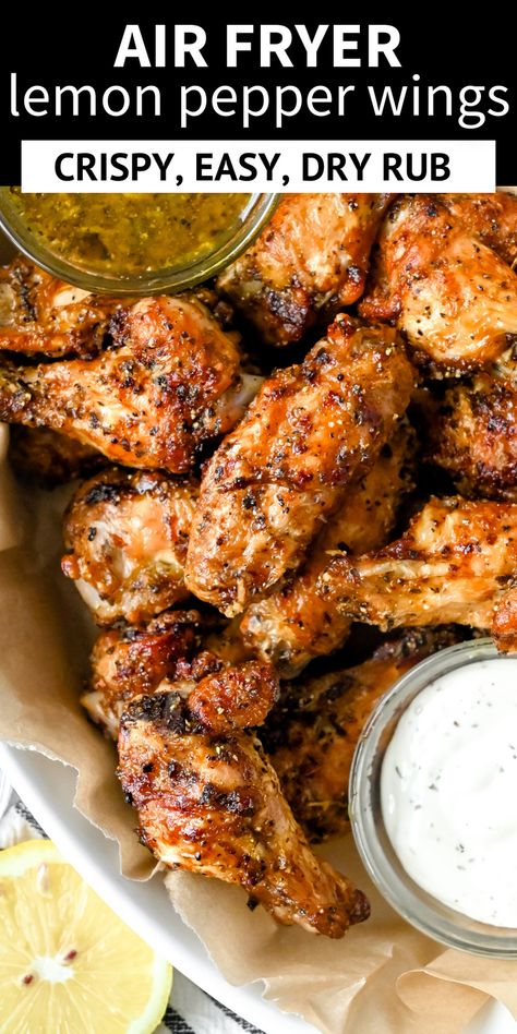 These air fryer lemon pepper wings are crisp to perfection!  Just a few simple ingredients like lemon, pepper, chicken wings and butter or ghee and you have an easy appetizer recipe for any party or an easy dinner. Done in less than 25 minutes! Chicken Wings In Air Fryer Lemon Pepper, Best Lemon Pepper Wings, Lemon Pepper Wingstop Recipe, Cajun Lemon Pepper Wings, Airfryer Lemon Pepper Wings, Homemade Lemon Pepper Wings, Lemon Pepper Chicken Wings Recipe Grill, Lemon Pepper Rub For Wings, Lemon Pepper Wet Wings