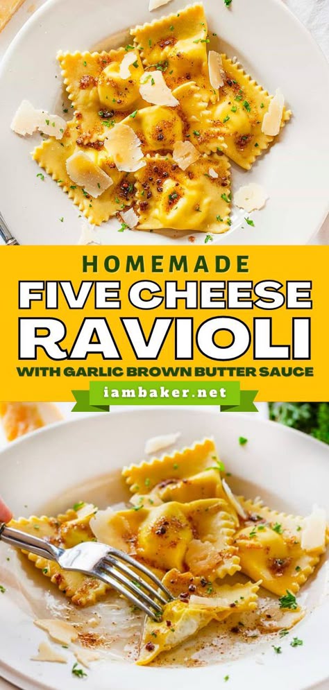 Here's a family dinner idea for tonight: Homemade Five Cheese Ravioli With Garlic Brown Butter Sauce is a delicious pasta recipe for dinner! Learn how to make homemade cheese-filled ravioli. Pin this weeknight dinner recipe! Different Ravioli Fillings, Best Sauce For Cheese Ravioli, Ravioli Filling Recipe Cheese, Homemade Cheese Ravioli Filling, Ravioli Filling Ideas Cheese, Homemade Chef Boyardee Ravioli, Homemade Cheese Ravioli Recipe, 4 Cheese Ravioli Recipe, Homemade Ravioli Recipe Filling