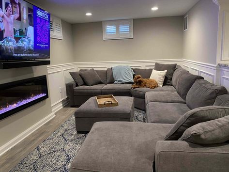 Finished Basement Family Room Ideas, Basement Couch Layout, Comfy Basement, Big Basement Ideas, Small Basement Family Room Ideas, Cozy Basement Family Room, Unrealistic Dreams, Basement Living Room Ideas, Family Cave