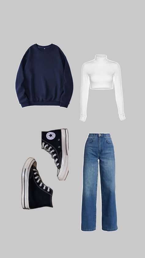 Basic white turtle neck navy blue sweatshirt crew neck black high top converse straight leg jeans outfit Turtle Neck Sweatshirt Outfit, Navy Converse Outfit, Navy Sweatshirt Outfit, Blue Converse Outfit, Blue Sweatshirt Outfit, White Sweatshirt Outfit, Straight Leg Jeans Outfit, Flannel Outfits Aesthetic, Crewneck Sweatshirt Outfit