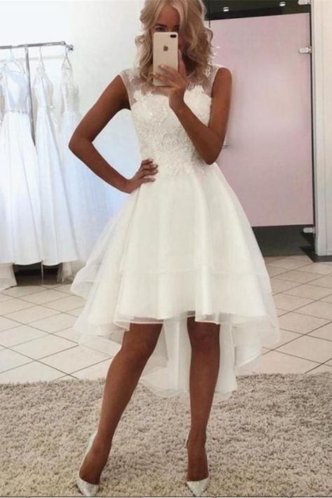 Hi Lo Wedding Dress, Prom Dress High Low, Short White Dress Wedding, Simple Bridal Gowns, Wedding Dress Buttons, Knee Length Wedding Dress, Wedding Dresses High Low, Organza Wedding Dress, Custom Prom Dress