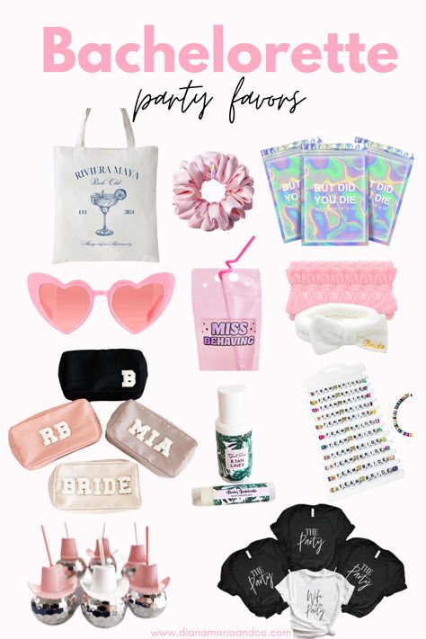 These cute bachelorette party favors are all so much fun and so easy to do! Your guests are going to absolutely love these. Bachelorette Trip Goody Bag, Bachelorette Welcome Bags Party Favors, What To Put In Bridesmaid Gift Bags Bachelorette Parties, Girl Bachelorette Party Ideas, Bach Trip Goody Bags, Bachelorette Party Favor Ideas, Bachelorette Favor Ideas, Bachelorette Giveaways, Bachelorette Party Gifts For Guests