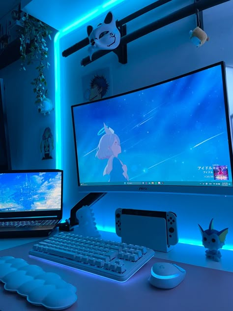 Stream Desk Setup, Blue Computer Setup, Gaming Blue Aesthetic, Blue Desk Setup, Blue Gaming Setup, Gaming Desk Setup, Desk Room, Cool Room Decor, Gamer Setup