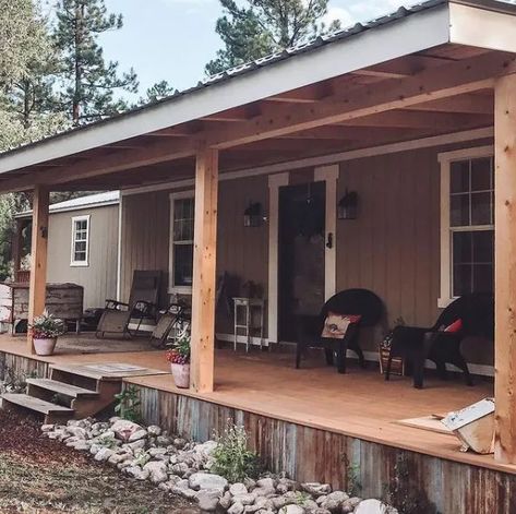 Tin Underpinning Mobile Home, Singlewide Trailer Porch Ideas, Single Wide Mobile Home Remodel Exterior, Wood Skirting For Mobile Home, Mobile Home Addition Ideas Single Wide, Singlewide Mobile Home Ideas, Singlewide Remodel, Mobile Home Decks And Porches, Single Wide Mobile Home Remodel