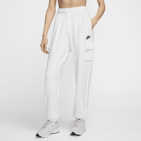 Nike Sportswear Club Fleece Women's Mid-Rise Oversized Cargo Sweatpants Nike Baggy Sweatpants, Sweatpants Nike, Fitted Tops, Nike Sportswear Club Fleece, Cargo Sweatpants, Add Storage, Clothes Wishlist, Baggy Sweatpants, Heather White