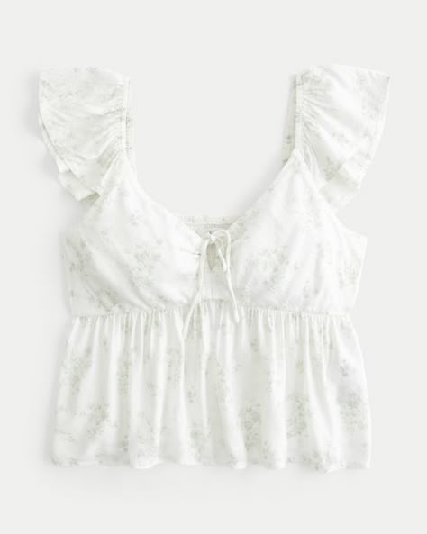 Women's Easy Tie-Front Babydoll Top | Women's Tops | HollisterCo.com Cute Babydoll Tops, White Babydoll Top, Grandma Aesthetic, Girly Tops, Cute White Tops, White Flowy Top, Flowy Crop Top, Blue White Top, Preppy Outfit