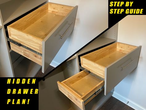 DIY Hidden Drawer concealment digital plans. This is a digital product intended to guide you through the steps by step instruction to build for personal use in your home or to use to make these for your woodworking/carpentry business! This set of plans consists of simple instructions including exploded views, x-ray views, all assembly steps, exact measurements and a detailed cut and part list. I made this set of plans to be self explanatory. There will be a video coming out soon on building this Secret Compartment Furniture, Cover Electrical Panel, Drawer Ideas, Concealment Furniture, Hidden Safe, Bookcase Door, Hidden Spaces, Hidden Compartments, Secret Storage