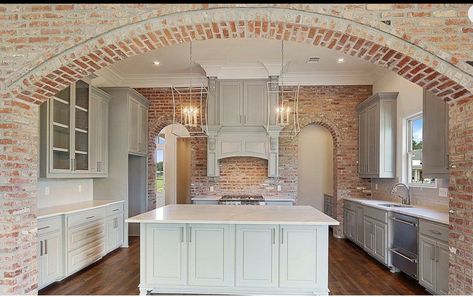 Small Doorway Ideas Outside, Brick Archway In Kitchen, Arch Opening, Brick Ceiling, Archways In Homes, Brick Archway, Brick Room, Louisiana Homes, Brick Interior