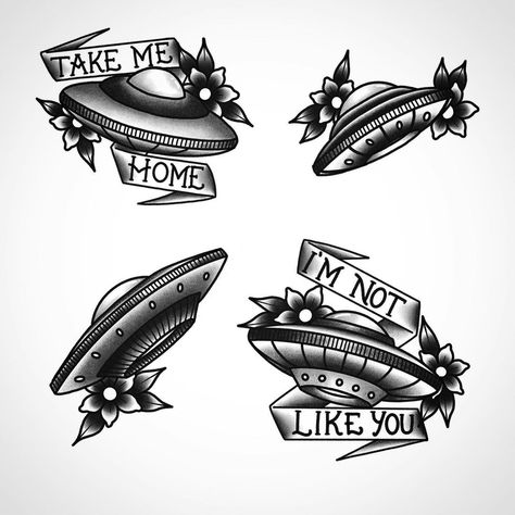 Traditional Tattoo Ufo, Oldschool Drawing, Ufo Tattoo, Traditional Tattoo Inspiration, American Traditional Tattoo Ideas, Hippie Tattoo, Traditional Tattoo Ideas, Alien Tattoo, Old School Tattoo Designs