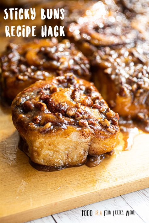 Sticky Buns Recipe with Canned Cinnamon Rolls – FOOD is Four Letter Word Trader Joe’s Cinnamon Rolls, Viral Cinnamon Rolls, Brunch Danish, Crescent Roll Ideas, Cinnamon Buns Recipe, Sticky Buns Recipe, Canned Cinnamon Rolls, Pastries Breakfast, Bacon Brunch