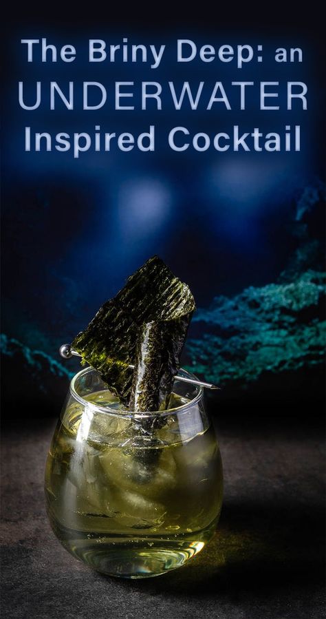 Inspired by the new thriller Underwater from 20th Century Fox, The Geeks have come up with a seaweed infused scotch cocktail called The Briny Deep! 2geekswhoeat.com #cocktails #MovieRecipes #Scotch #Underwater #HomeBar #Seaweed Dnd Cocktails, Under The Sea Drinks Alcohol, Swampwater Cocktail, Ocean Themed Cocktails, Underwater Cocktails, Under The Sea Cocktails, Glowing Cocktails, Kraken Rum Cocktails, Eggnog Recipe Spiked