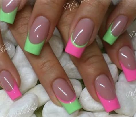 Pink And Teal French Tip Nails, Neon Nail Ideas Summer Pink, Cute Summer Square Nails, Green And Hot Pink Nails, Square Gel Nails Summer, Easter Acrylic Nails Designs, Hot Pink Nails With Design Summer, Hot Pink And Green Nails, Bright Green Nails Designs