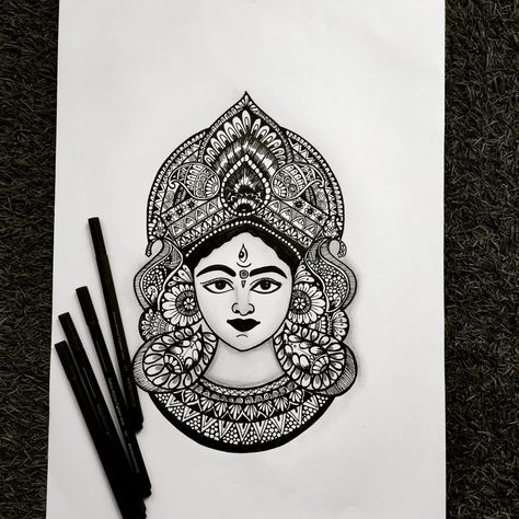 Mata Rani Mandala Art, Durga Mata Mandala Art, Carving Drawing, Easy Mandala, Lakshmi Devi, Easy Mandala Drawing, Mata Rani, Color Drawing Art, Mandala Art Therapy