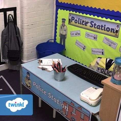 Police Station Role Play Eyfs, Police Dramatic Play Preschool, Police Role Play Eyfs, Eyfs Role Play Area, Police Eyfs Activities, Police Dramatic Play, Police Activities For Kids, Police Station Role Play, Eyfs Role Play