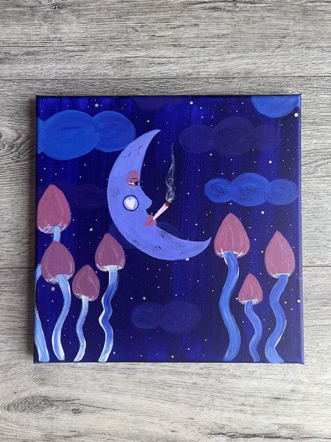 Acrylic painting on stretched canvas  12x12 The perfect companion to the sun. Switch Paintings Every 5 Minutes, Fun Painting Ideas On Canvas Easy, Hippie Painting Ideas, Shroom Canvas Paintings, Sun And Moon Canvas Painting, Boho Painting Ideas, Sun And Moon Painting, Hippie Painting Ideas Easy, Moon Painting Acrylic