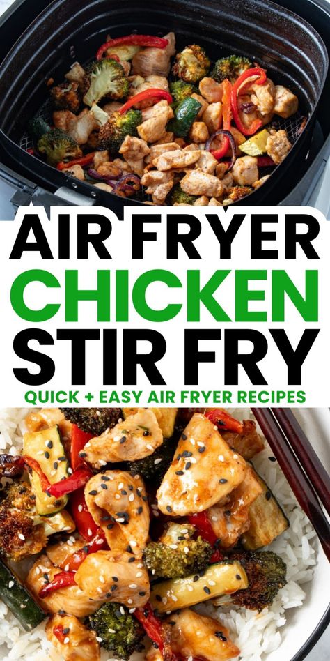 Air fryer chicken stir fry with vegetables in a black air fryer basket and served over rice on a white plate. Chicken Stir Fry Air Fryer Recipes, Air Fryer Stir Fry Chicken, Air Fryer Stir Fry, Air Fryer Chicken And Veggies, Air Fryer Recipes Asian, Slow Cooker Pasta Recipes, Easy Air Fryer Recipes, Quick Stir Fry, Air Fryer Recipe