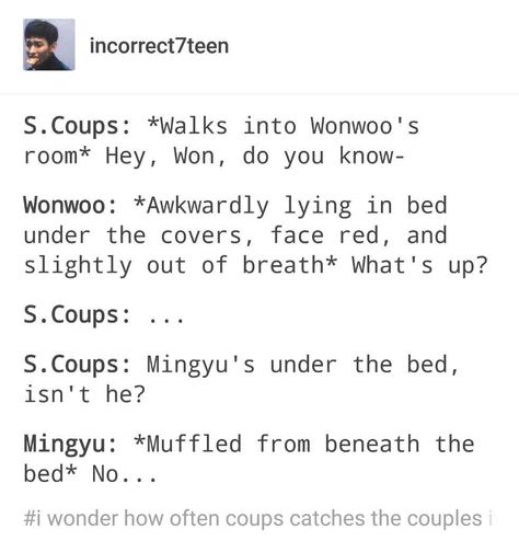 I'm crying, Mingyu is so stupid ohmygawd, i can so imagine this. Hnng cute and sexual at the same time. 😂��😭😭💕 Svt Imagine, Meanie Quote, Svt Quotes, Incorrect Quotes Seventeen, Seventeen Imagines, Svt Incorrect Quotes, Seventeen Mingyu Memes, Seventeen Funny, Meanie Svt Memes