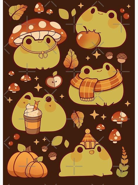 Fall Frog Wallpaper, Fall Cartoon Drawing, Autumn Things To Draw, Fall Cute Drawings, Cute Creatures Drawing, Cute Frogs Art, Frog Art Cute, Cute Fall Drawings, Fall Wallpaper Cute