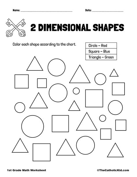 Color 2 Dimensional Shapes - TheCatholicKid.com 2 Dimensional Shapes, Symmetrical Shapes Worksheet, 1st Grade Shapes Worksheet, 2d Shapes 1st Grade, 2d Shapes Worksheet 2nd Grade, Shapes And Patterns Worksheet Grade 2, Substitute Teacher Tips, Measurement Worksheets, Catholic Homeschool