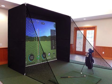 Golf Simulator In Garage, Golf Simulator Room Design, Outdoor Golf Simulator, Diy Golf Simulator Enclosure, Diy Golf Net, Golf Screen, Home Theater Golf Simulator, Golf Simulator Home Theater, Diy Golf Simulator