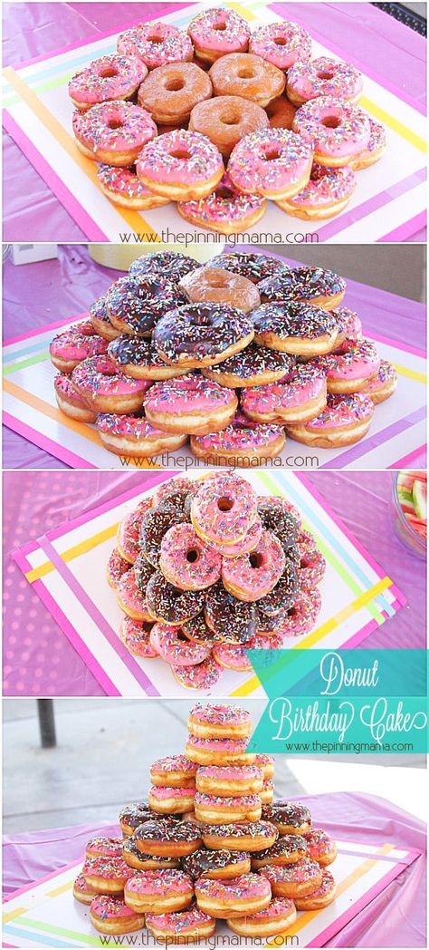 DIY Donut Cake for a Donut Themed Birthday Party! So Easy! How To Make A Donut Cake Tower, Tower Donut Cake, How To Make A Donut Cake, Donut Tower Diy, Donut Tower Cake Birthday, Diy Donut Tower, Donut Tower Birthday, Donut Cake Tower, Donut Tower Cake