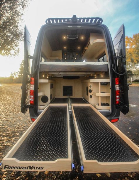 van conversion storage ideas. Pull out shelves in van conversion for bike storage. Van life Van Build Garage, Van Garage Storage, Camping Sprinter Van, Van Garage Ideas, Motorhome Garage Ideas, Van Build Storage, Camper Van Air Conditioning, Motovan Build, Campervan Garage